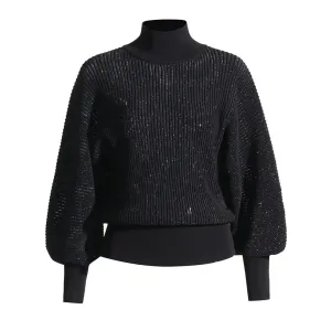 Solid Patchwork Folds Loose Knitting Sweaters For Women Turtleneck Lantern Sleeve Minimalist Sweater Female