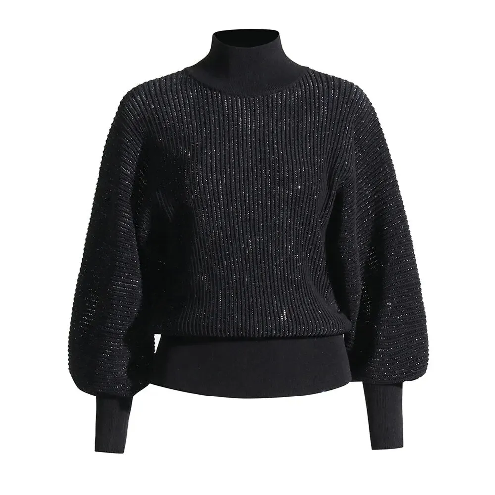 Solid Patchwork Folds Loose Knitting Sweaters For Women Turtleneck Lantern Sleeve Minimalist Sweater Female