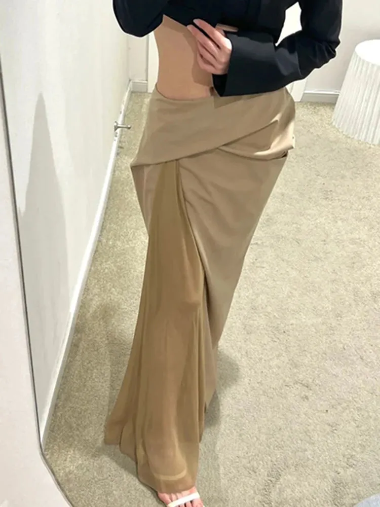 Solid Skirt For Women High Waist Side Split Patchwork Folds Elegant Minimalist Skirts Female Fashion Clothes