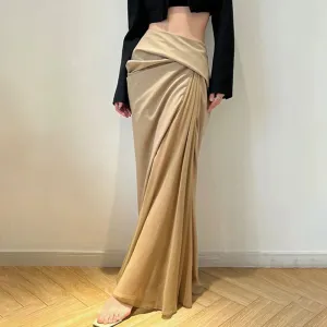 Solid Skirt For Women High Waist Side Split Patchwork Folds Elegant Minimalist Skirts Female Fashion Clothes