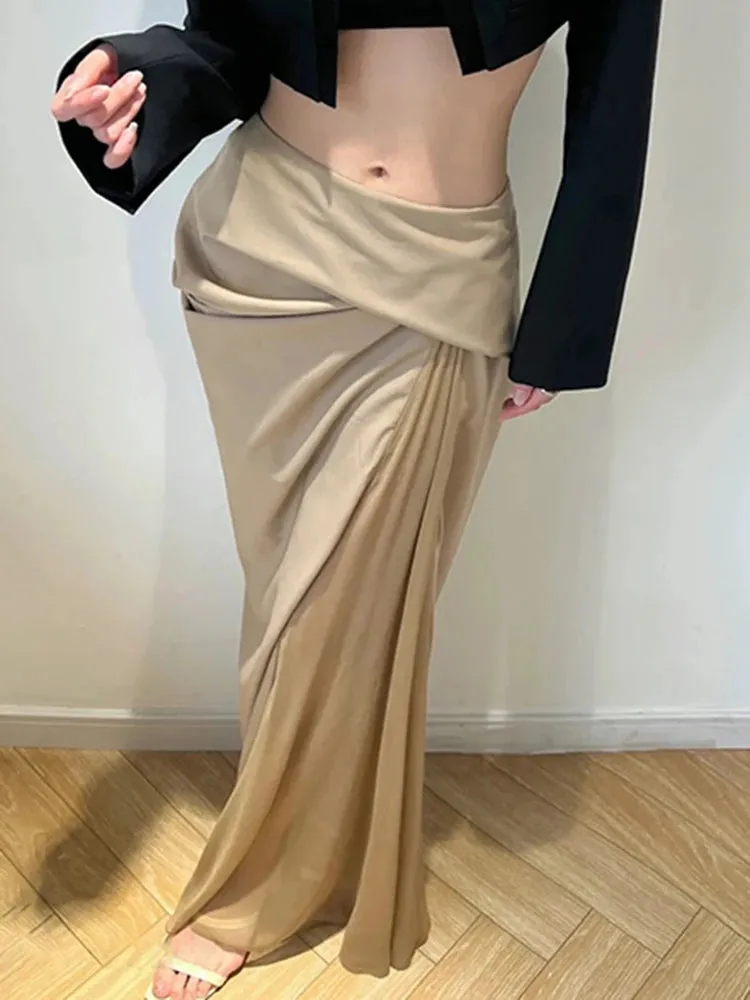 Solid Skirt For Women High Waist Side Split Patchwork Folds Elegant Minimalist Skirts Female Fashion Clothes