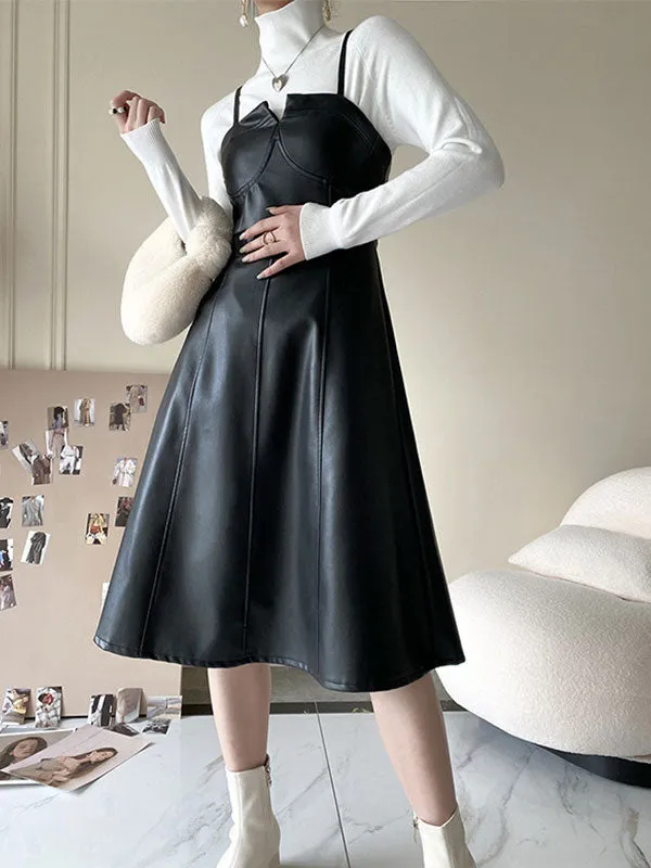Spliced Pu Leather Slip Midi Dress