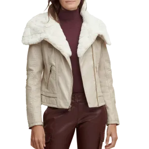 Stylish Cream Color Fitted FUR Shearling Sheepskin Leather Jacket Women