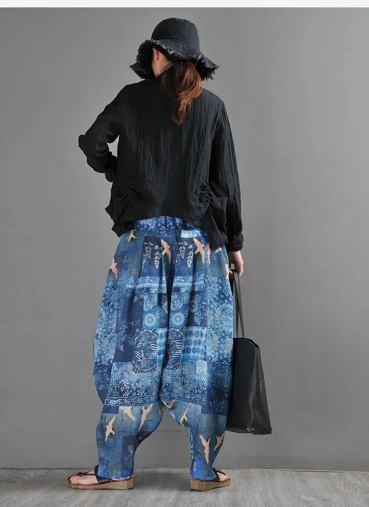 Summer Blue Linen Harem Pants with Animal Print for Women