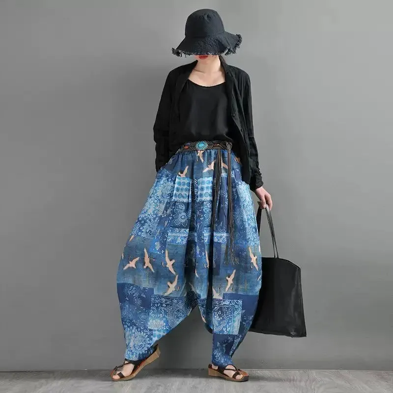 Summer Blue Linen Harem Pants with Animal Print for Women