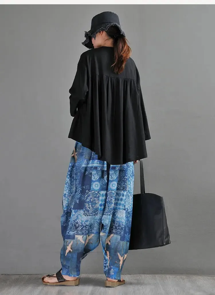 Summer Blue Linen Harem Pants with Animal Print for Women