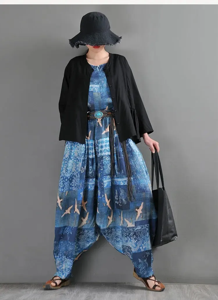 Summer Blue Linen Harem Pants with Animal Print for Women
