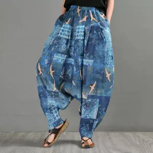 Summer Blue Linen Harem Pants with Animal Print for Women