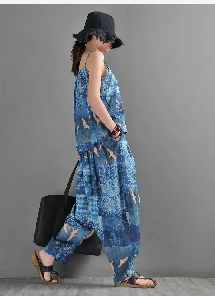 Summer Blue Linen Harem Pants with Animal Print for Women