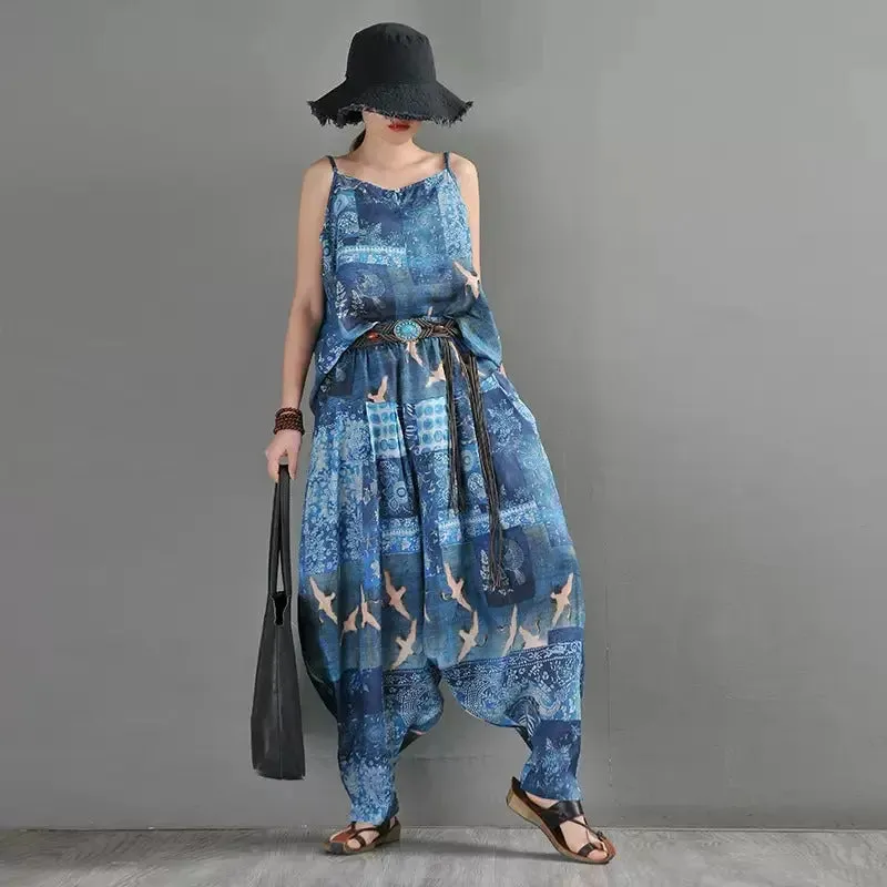Summer Blue Linen Harem Pants with Animal Print for Women