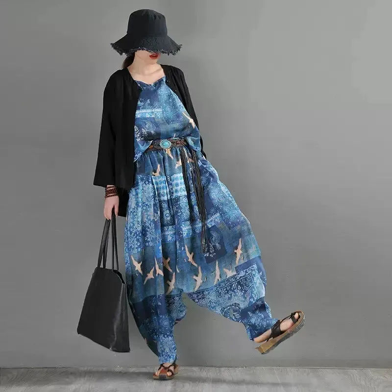 Summer Blue Linen Harem Pants with Animal Print for Women