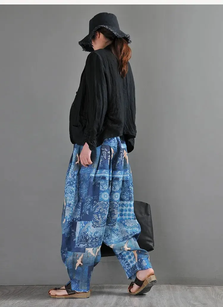 Summer Blue Linen Harem Pants with Animal Print for Women