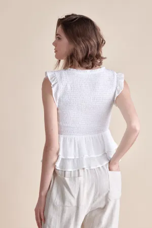 The Smocked Lace-up Top with Ruffle Detail in White