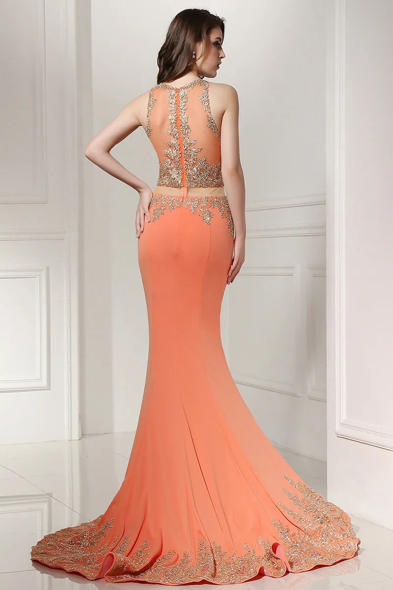 Two Pieces Mermaid Lace Appliques Long Evening Dress