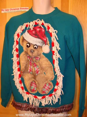 Ugly Christmas Tacky Sweatshirt Google Eyed Bear with Fringe (q50)