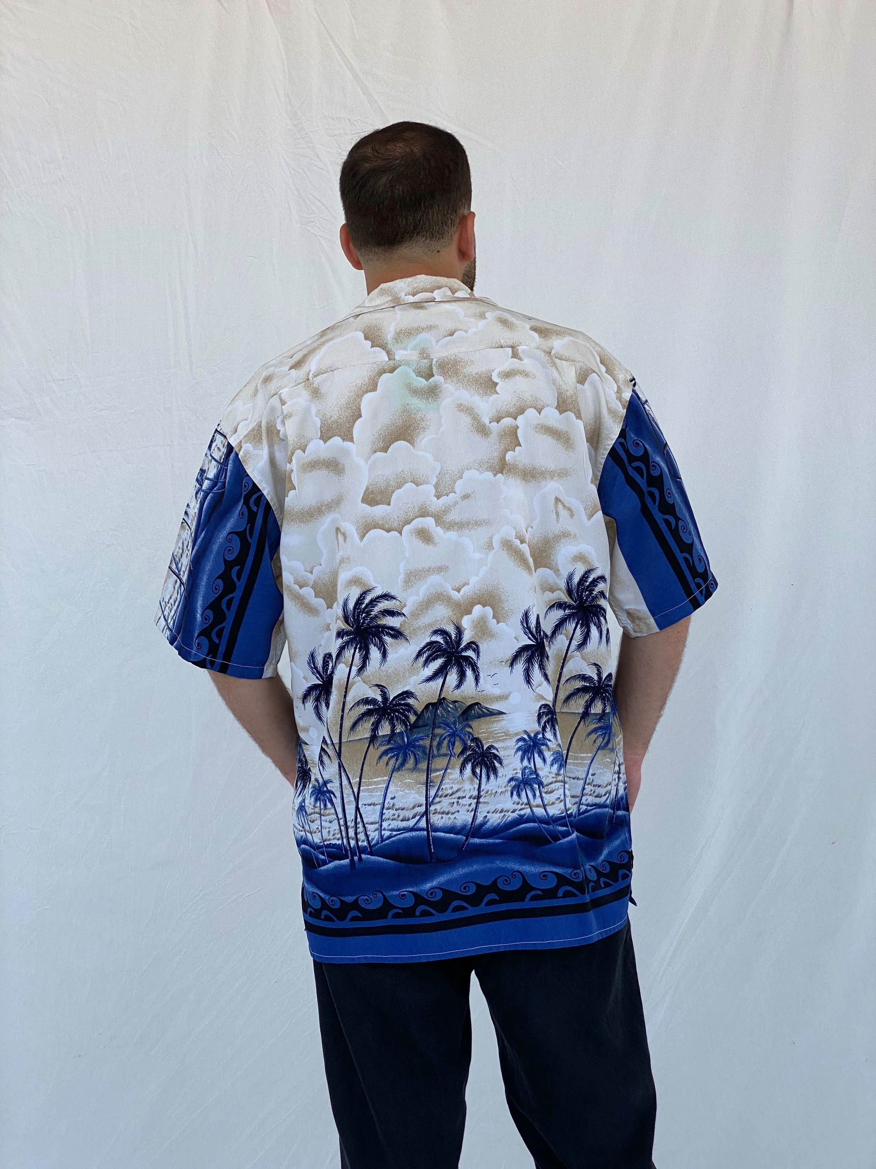 Vintage Ferugini Hawaiian Blue and Beige Palm Trees Hawaii Shirt - L