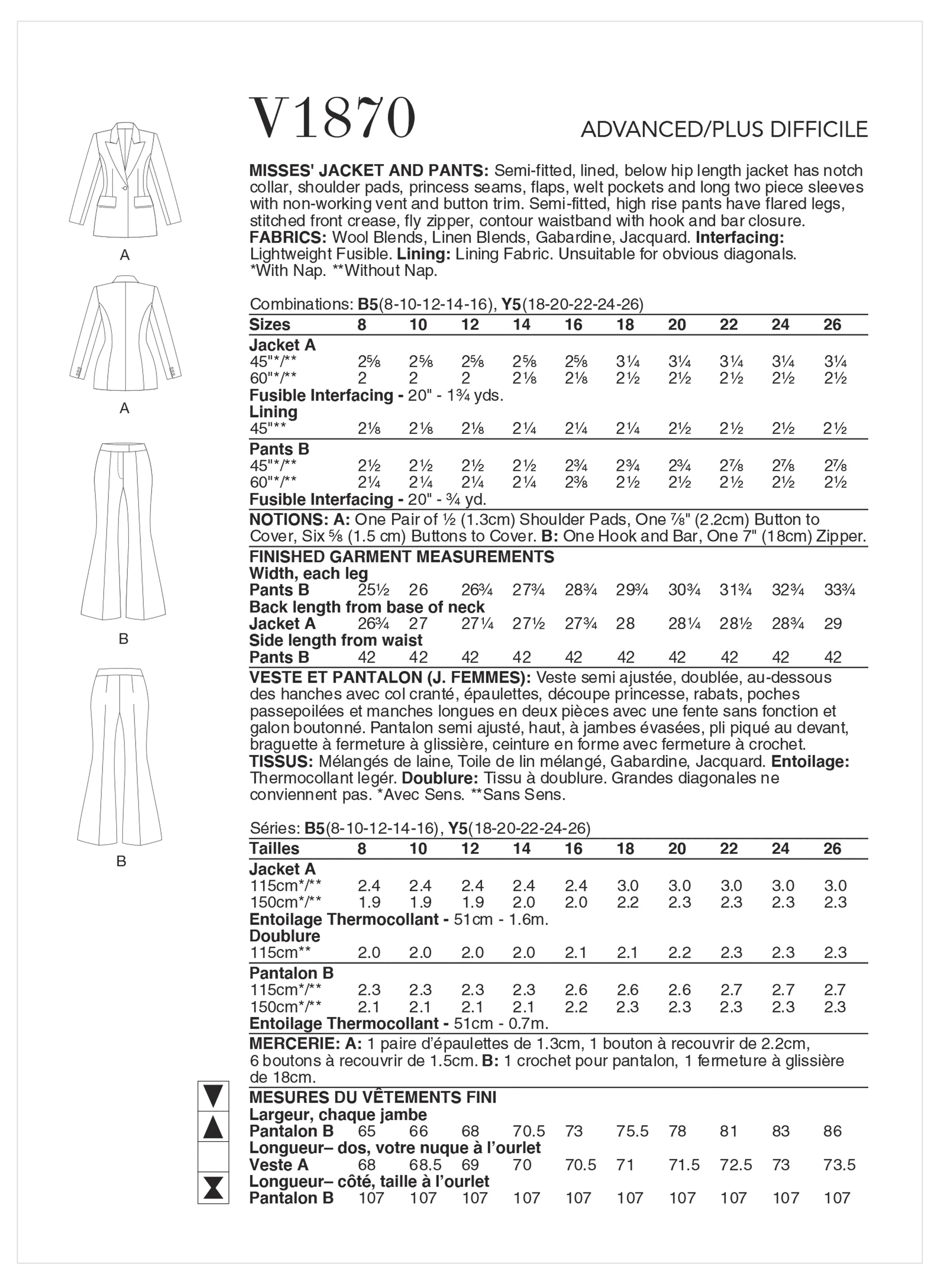 Vogue Sewing Pattern 1870 Misses' Jacket and Trousers