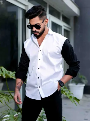 White And Black Satin Cotton Cut N Sew Designer Shirt