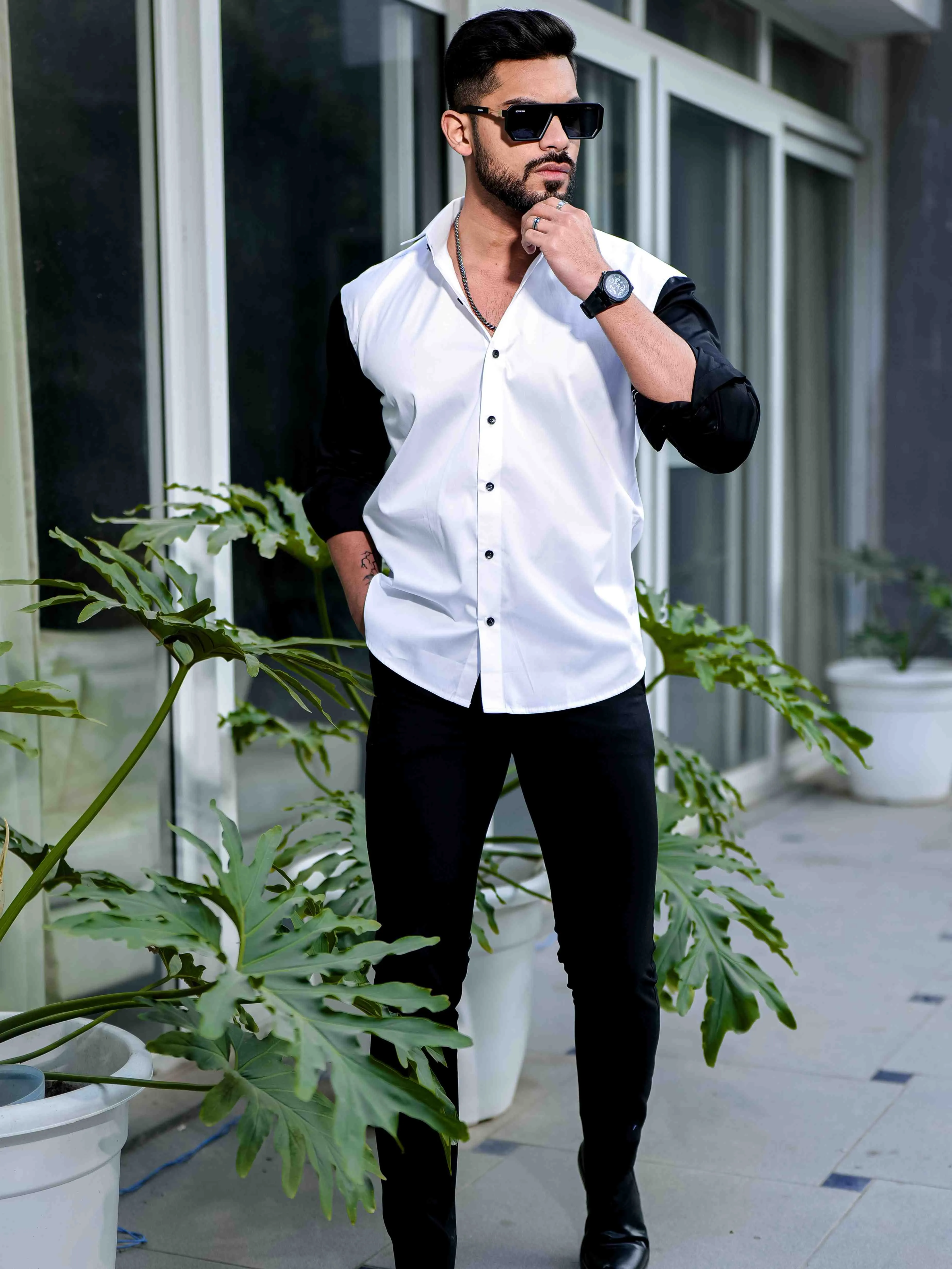 White And Black Satin Cotton Cut N Sew Designer Shirt