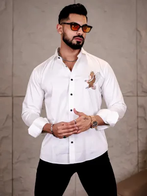 White Multicolor Falcon Embroidered Club Wear Satin Cotton Shirt