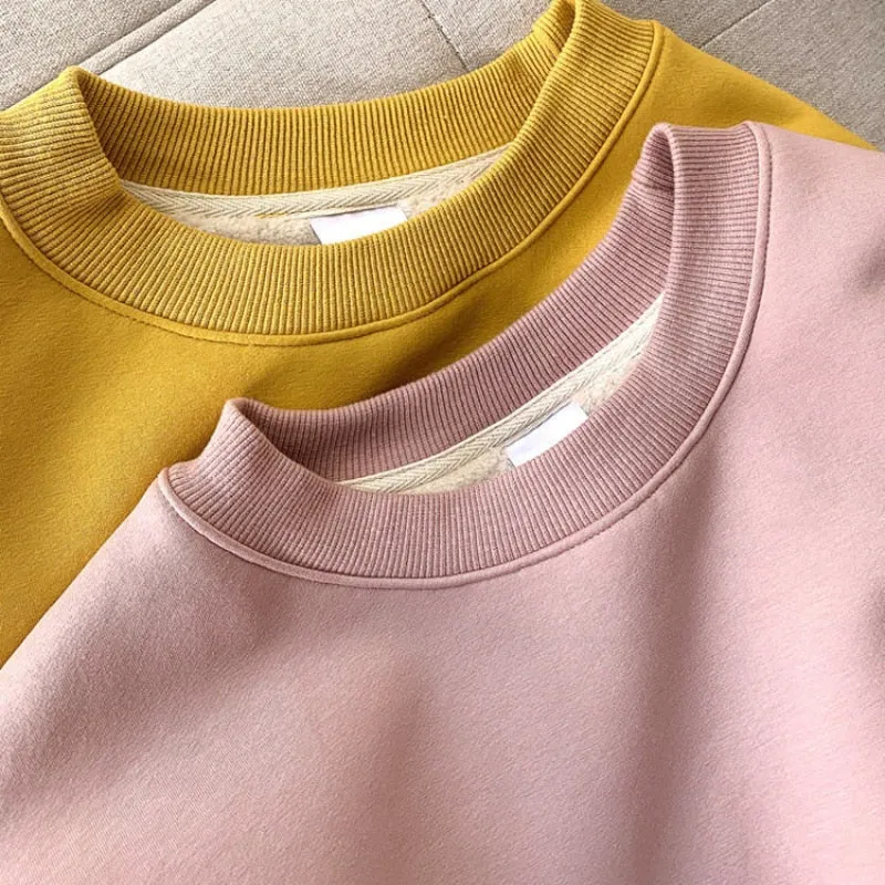 Winter Thick Women Sweatshirt Warm Fashion Simple O Neck Casual Pullover Top Loose Furry Lining Pullover Student Sweatshirt