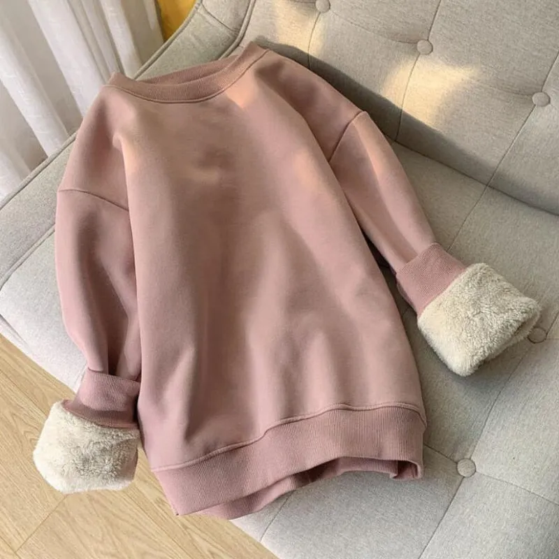 Winter Thick Women Sweatshirt Warm Fashion Simple O Neck Casual Pullover Top Loose Furry Lining Pullover Student Sweatshirt