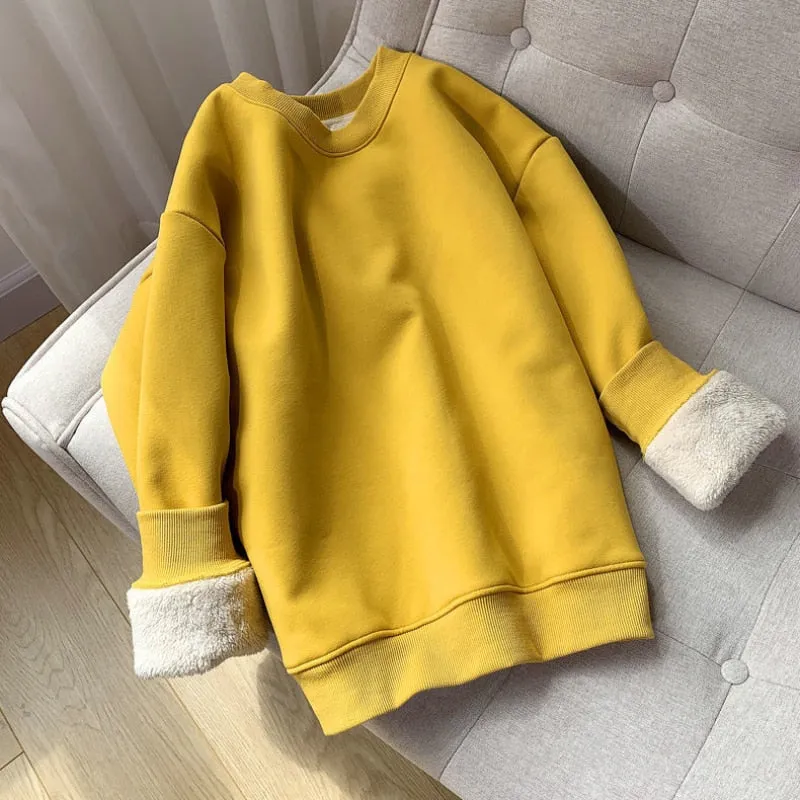 Winter Thick Women Sweatshirt Warm Fashion Simple O Neck Casual Pullover Top Loose Furry Lining Pullover Student Sweatshirt