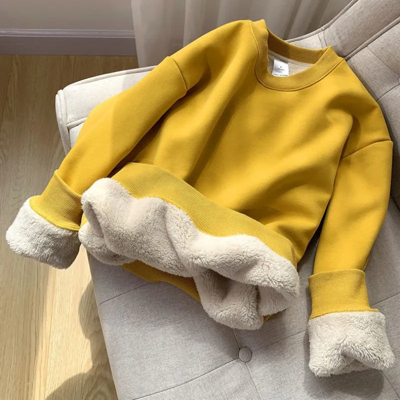 Winter Thick Women Sweatshirt Warm Fashion Simple O Neck Casual Pullover Top Loose Furry Lining Pullover Student Sweatshirt