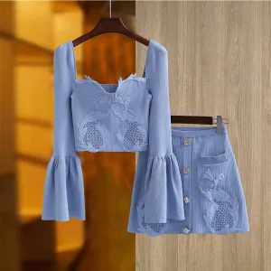 Women 2 Pieces Skirt Suit Knitted Top   Mid-High Rise Mini Skirt Suit