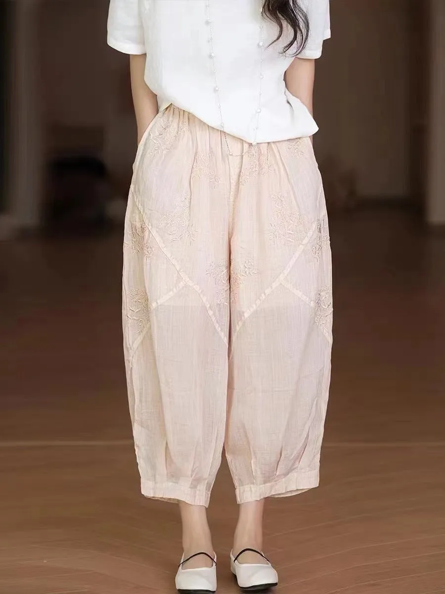 Women Vintage Embroidery Ramie Summer Harem Pants AA1002