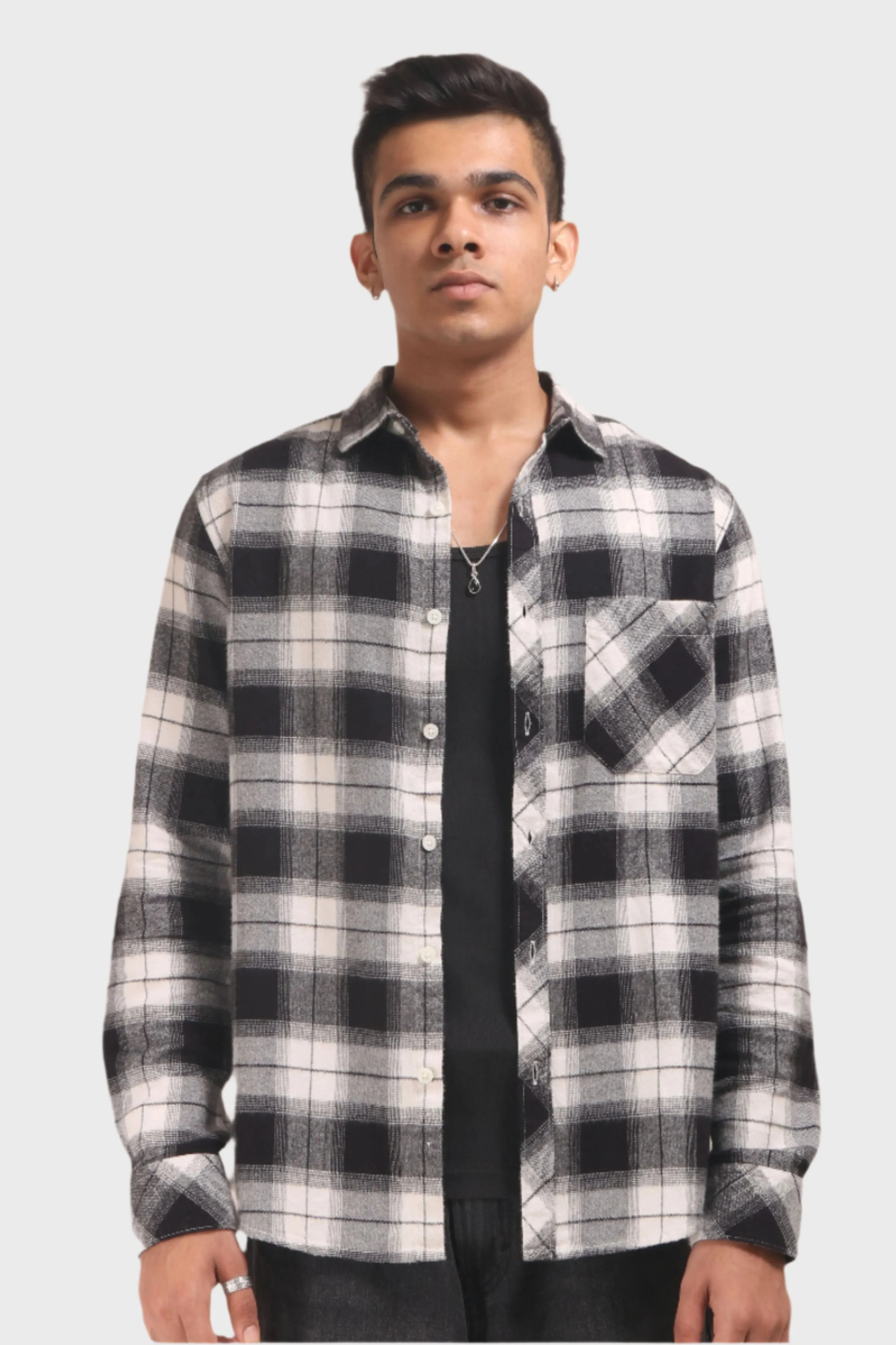XKIND BLACK FLANNEL CHECKS REGULAR FIT SHIRT