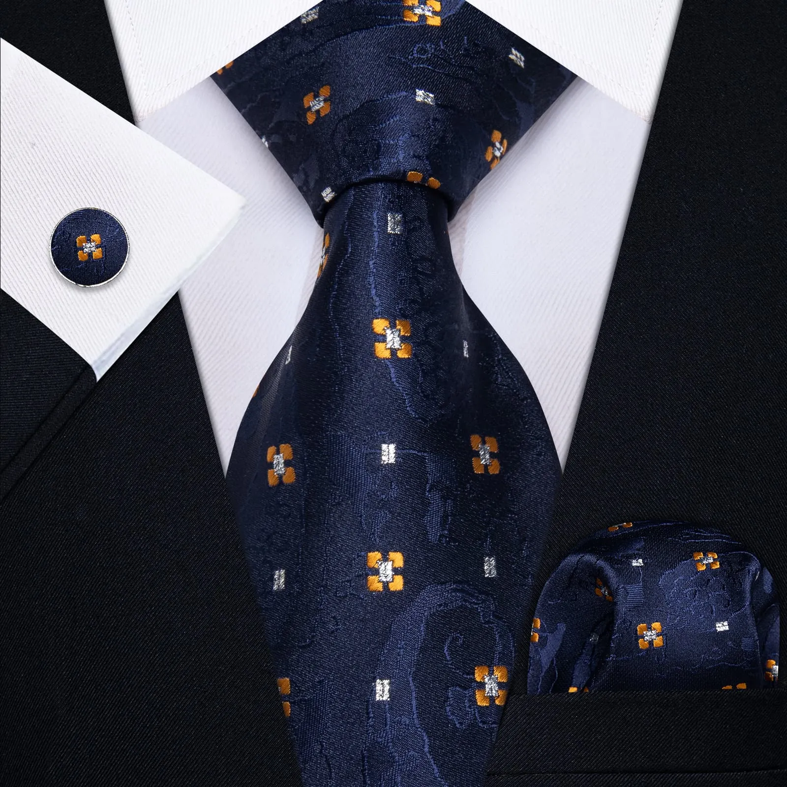 YourTies White Solid Long Sleeve Shirt with Deep Blue Floral Silk Tie for Men