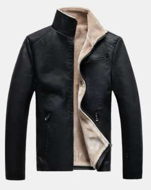 Zip Stand Collar Genuine Sheepskin Leather Jacket with Fur